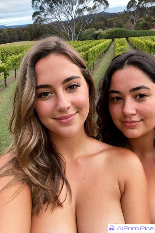 Two busty Aussies take a selfie in the vineyard