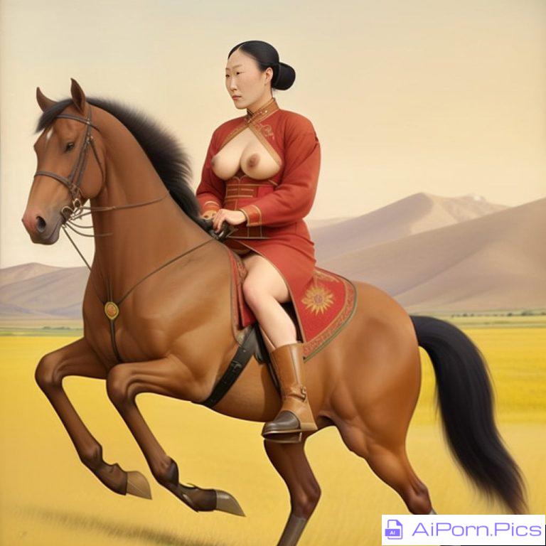 Manchu girl riding a horse in traditional Manchurian clothing