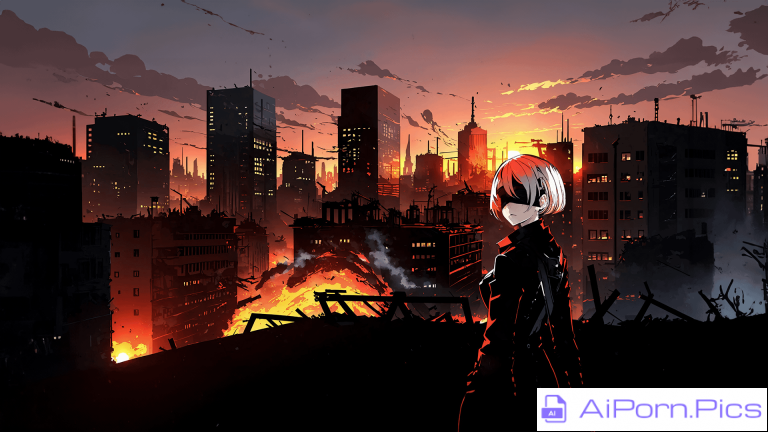 Made a wallpaper of 2B from Nier: Automata with a burning city in the background on Yodayo AI