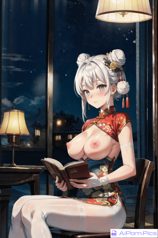 Cute girl in chinese dress studying witha little bit of leakage