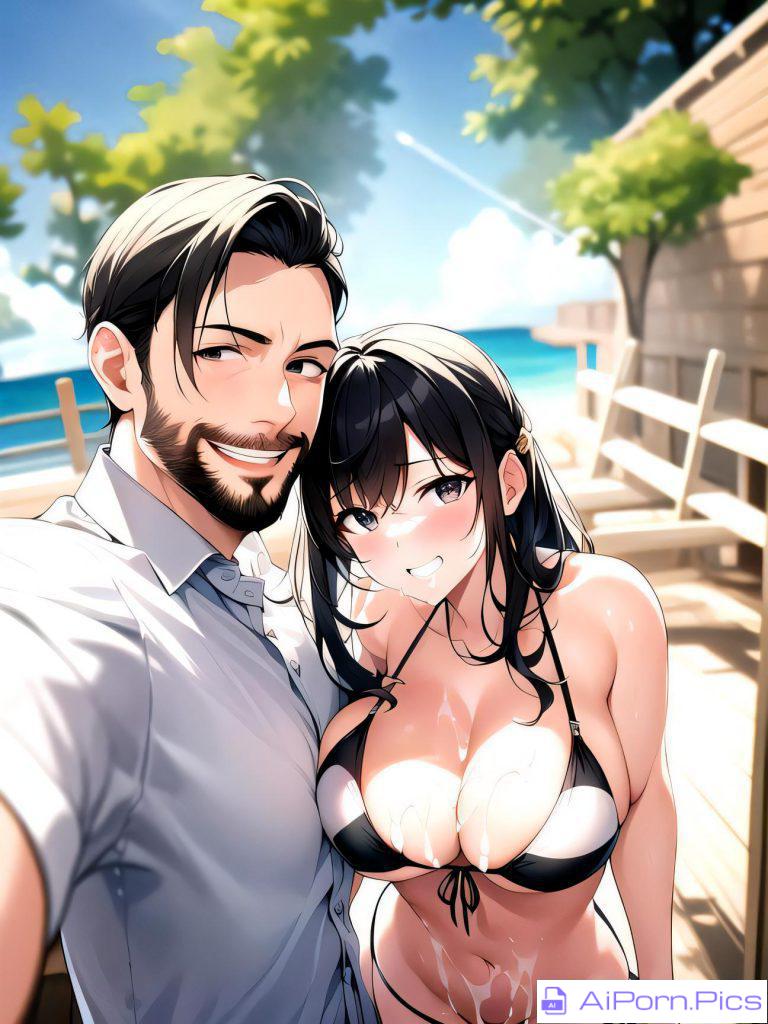 Taking a picture with a girl cum filled at the beach