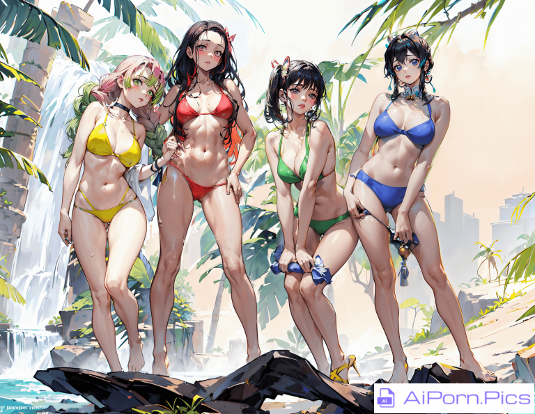 Mitsuri, Nezuko, Kanao and Shinobu (bikini) @PlafulSlothh (twitter/x)