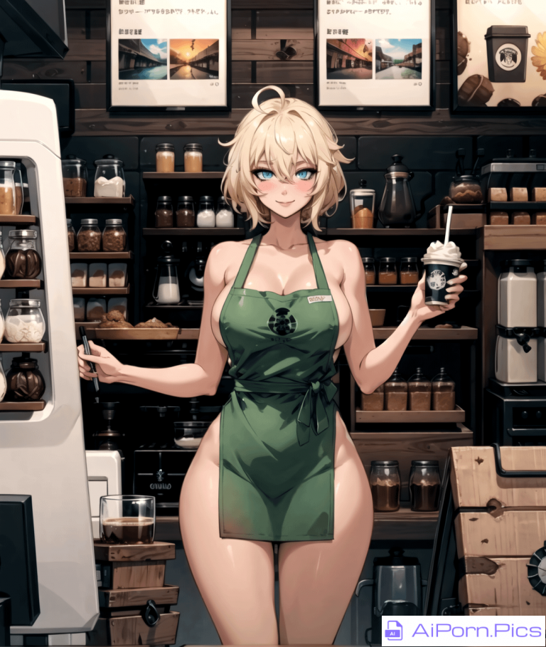 Short haired blonde naked apron barista