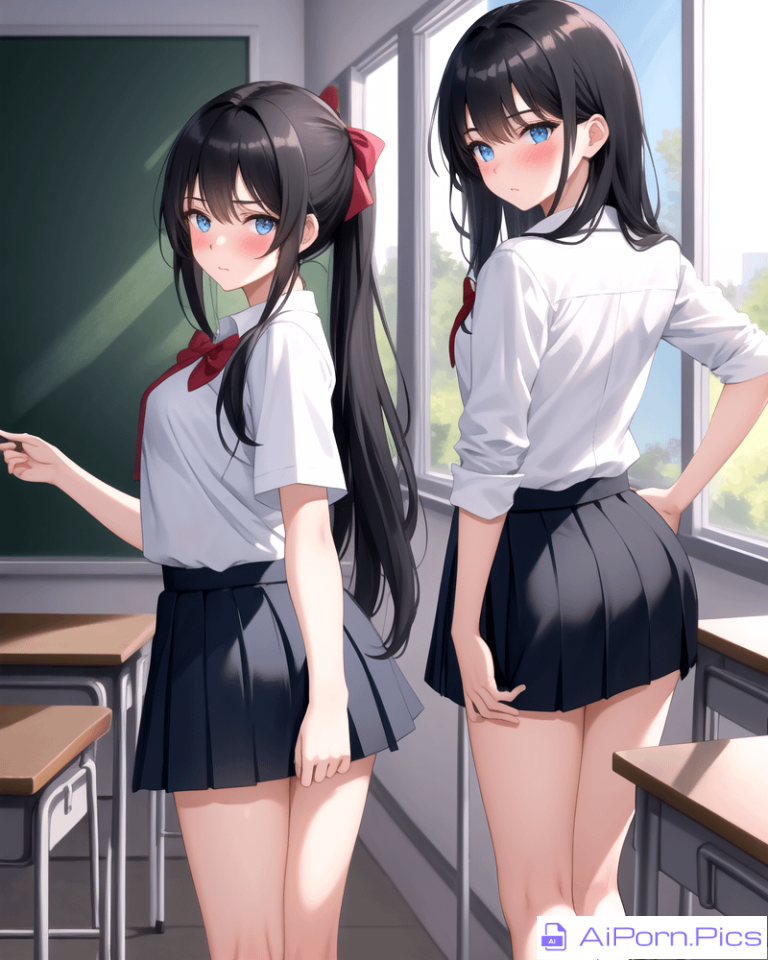 Captivating Schoolgirl: A stunning HD wallpaper of an 18-year-old girl with long black hair, blue eyes, wearing a school uniform and a super short blue jk skirt, adorned with a red bow, blushing, in a classroom, looking back, creating a high-resolution masterpiece.