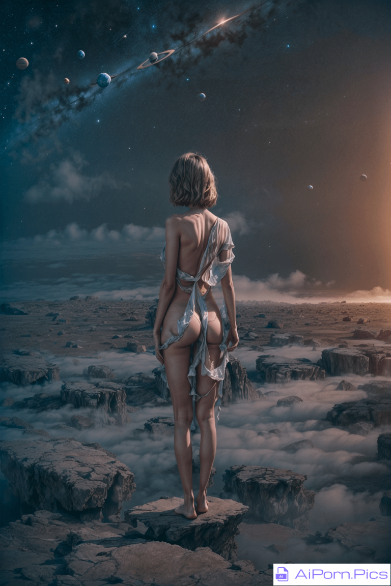 MX: A surreal and dreamy depiction of a naked girl covered in crumpled paper, surrounded by an interstellar environment with dry rocks, minimalism, and faint accent lights.