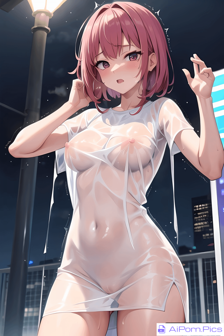 wet seethrough pink haired anime girl