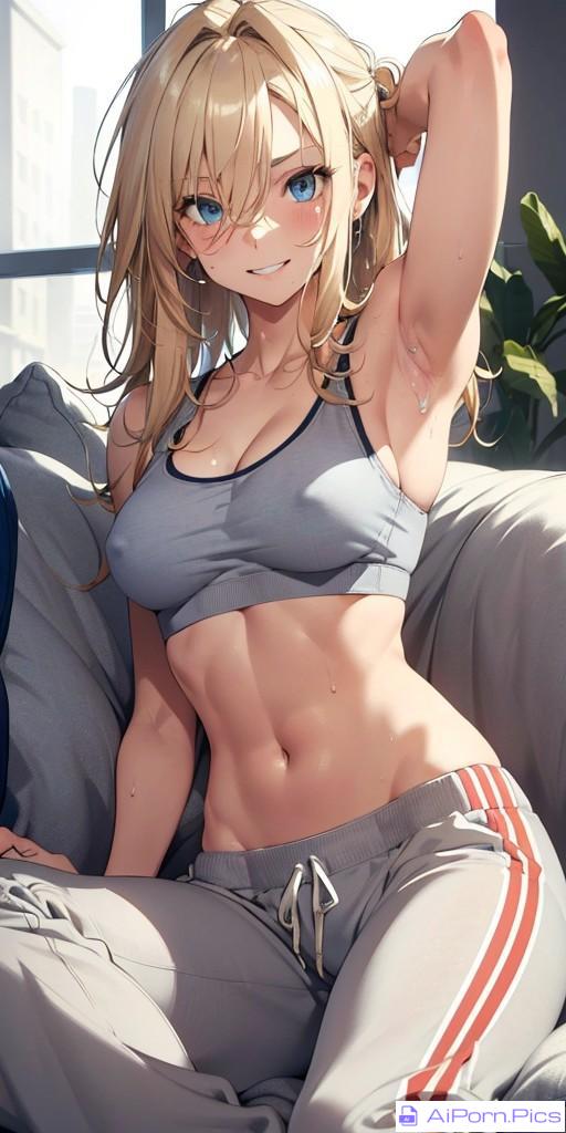 chilling on the couch in workout clothes