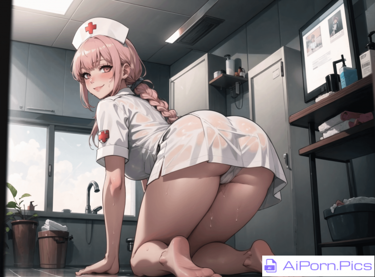 Pink haired nurse cleaning