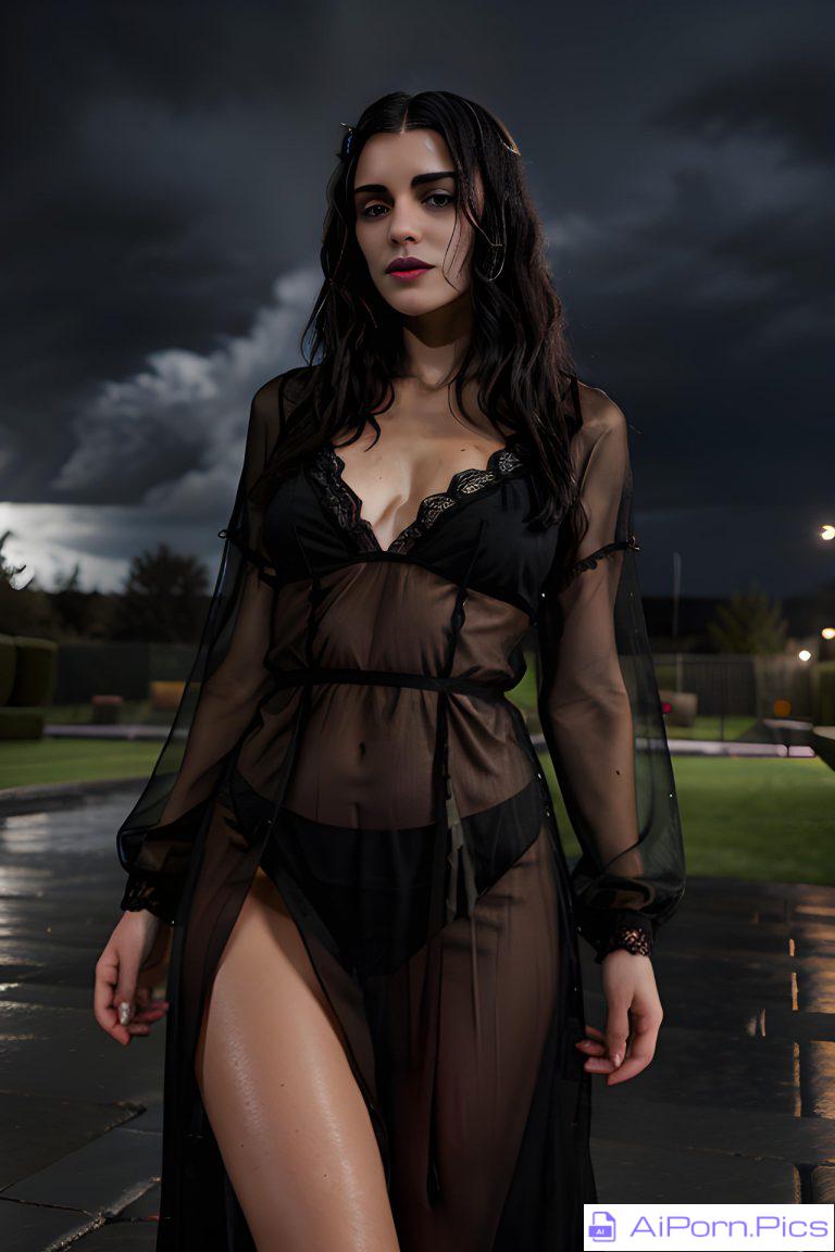 Prompt: Dark, night, raining, storm clouds, young sexy goth girl, wet sheer lace gown,