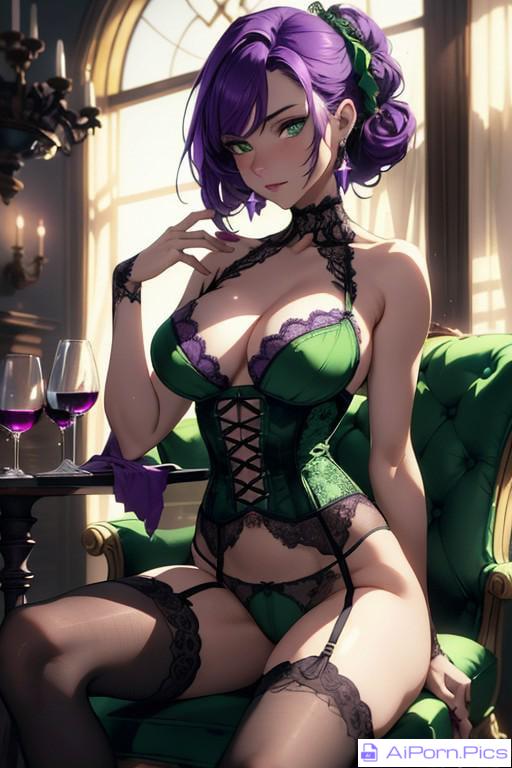 A purple-haired girl drinks wine.