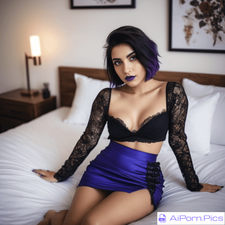 "a goth with purple dyed ends sitting on a bed seductively" made with catfishes.co website