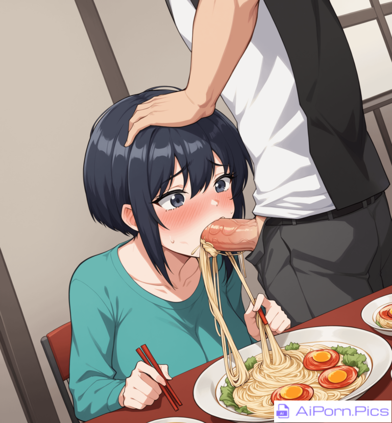 woman eating ramen while receiving a blowjob