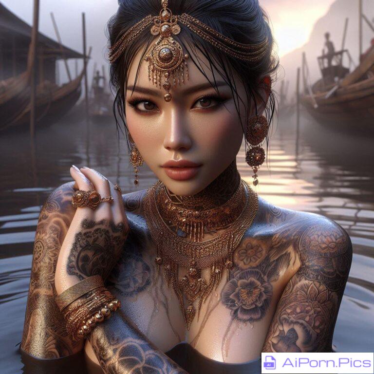 Tattooed Asian beauty bathing [Bing Designer]