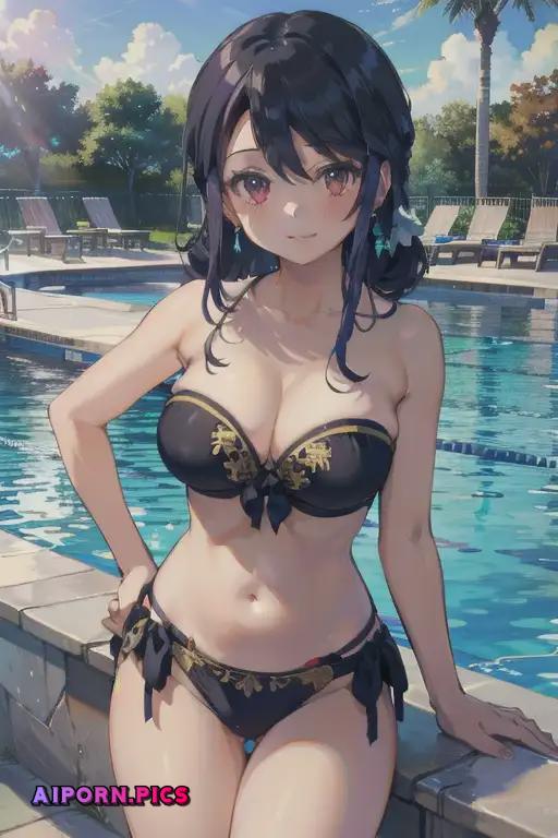 Ruri Poses by Luxurious Pool in Strapless Black Bikini