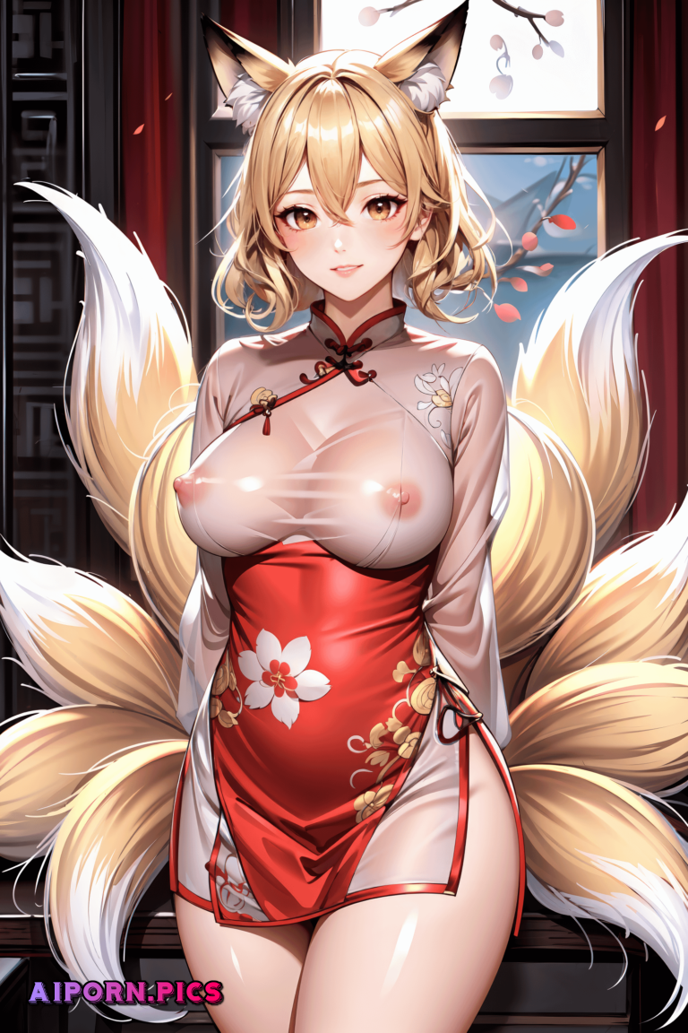 kitsune with nipples sticking out see-through her dress