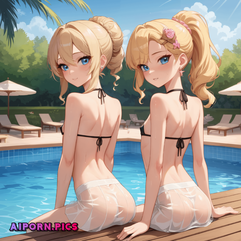 Bottomless sisters at the pool