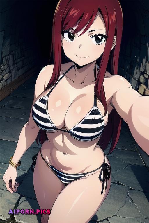 Erza Poses in Striped Bikini